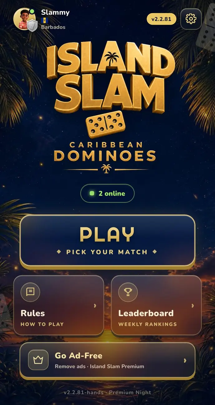 Island Slam home screen on a phone — Play button, rules, and weekly leaderboard